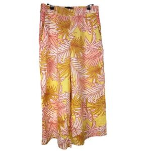 Tahari 100% Linen European Flax Tropical Palm Print Wide Leg Pants M Resort